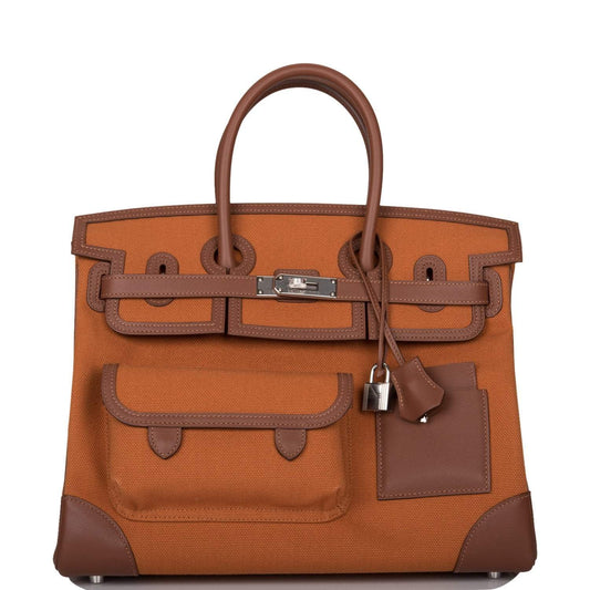 Hermes Marron Inde Swift and Gold Toile Canvas "Cargo" Birkin 35cm Palladium Hardware