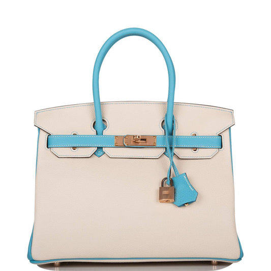 Hermes Birkin 30cm Bi-Color Craie and Bleu Atoll Togo  Rose Gold Hardware