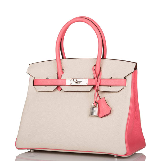 Hermes Birkin 30cm Bi-Color Craie and Rose Lipstick Clemence  Palladium Hardware