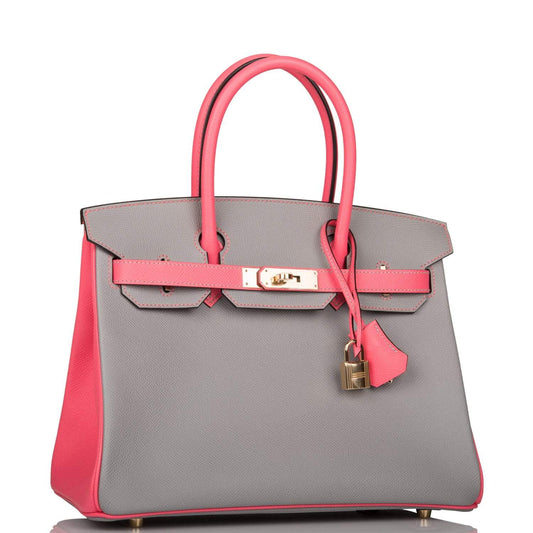 Hermes Birkin 30 Gris Mouette and Rose Azalee Epsom Permabrass Hardware