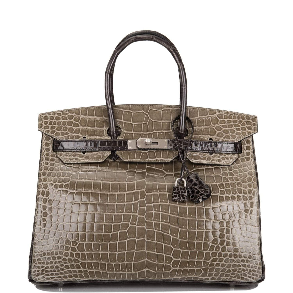 Hermes  Birkin 35cm Bi-Color Gris Tourterelle and Graphite Shiny Porosus Crocodile Brushed Palladium Hardware
