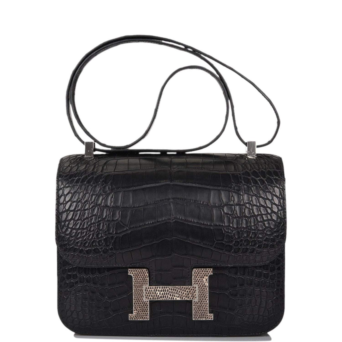 Hermes Black Matte Alligator and Ombre Lizard Marquette Constance 24cm Palladium Hardware