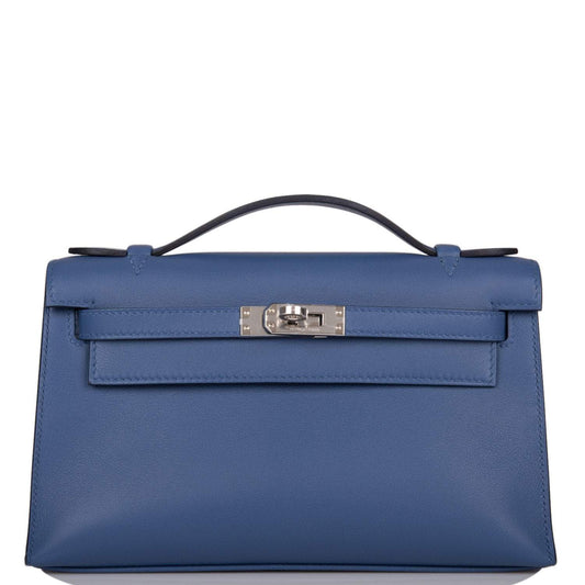 Hermes Kelly Pochette Bleu Brighton Swift Palladium Hardware