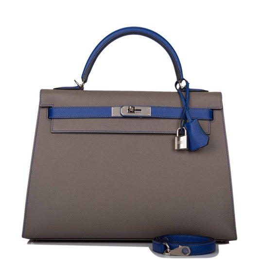 Hermes Kelly 32cm Bi-Color Etain and Bleu Electric Epsom Sellier Palladium Hardware