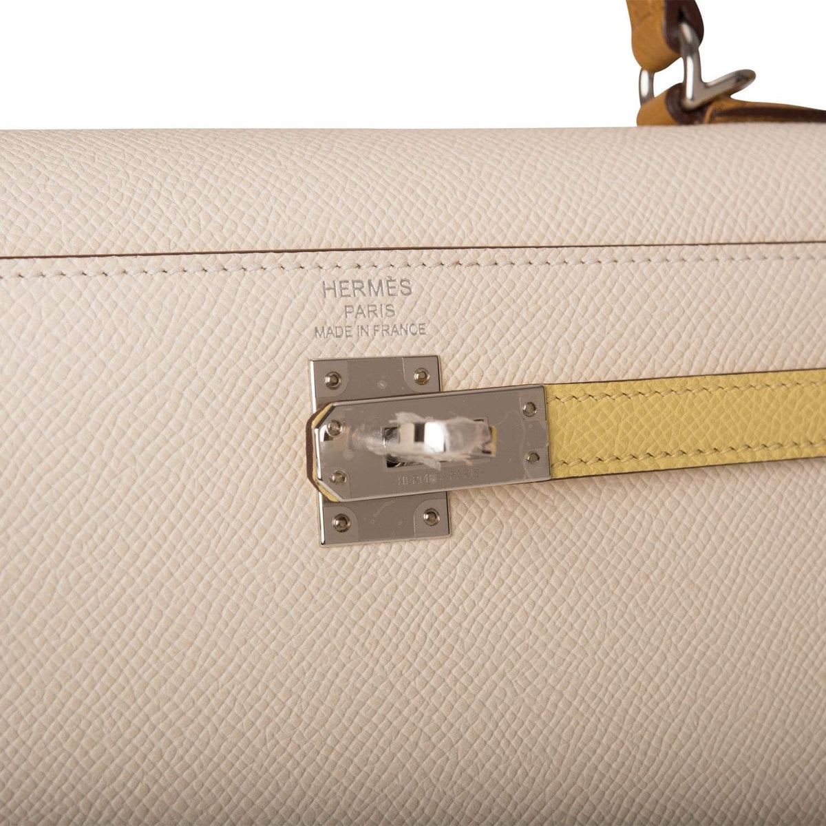 Hermes Kelly 25cm Epsom Sellier Tri-Color Nata, Jaune Poussin and Sesame Palladium Hardware