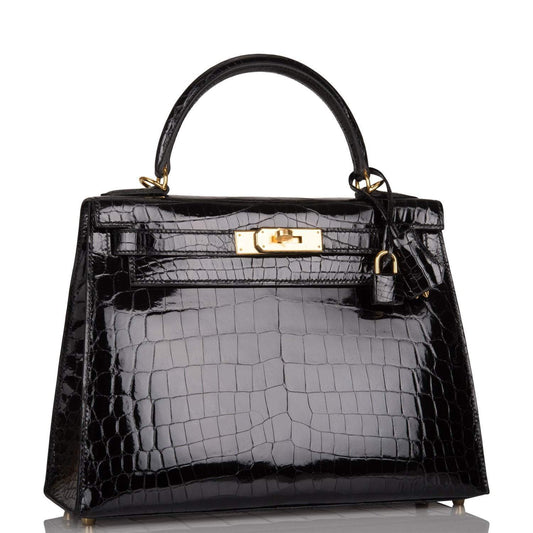 Hermes Black Shiny Niloticus Crocodile Sellier Kelly 28cm Gold Hardware