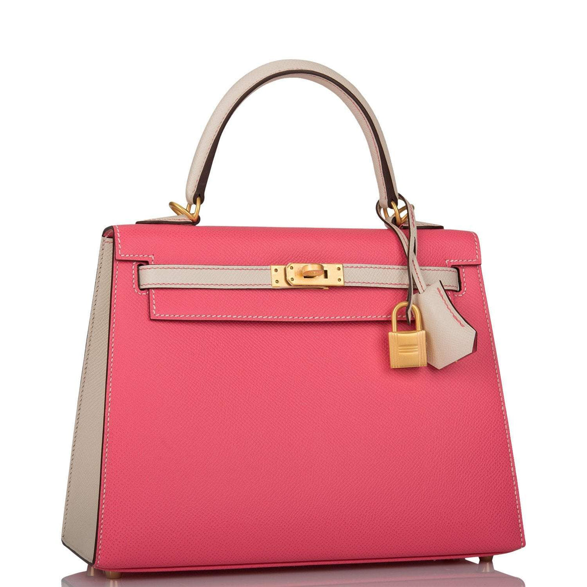 Hermes Kelly 25cm Bi-Color Rose Azalee and Craie Epsom Sellier Brushed Gold Hardware