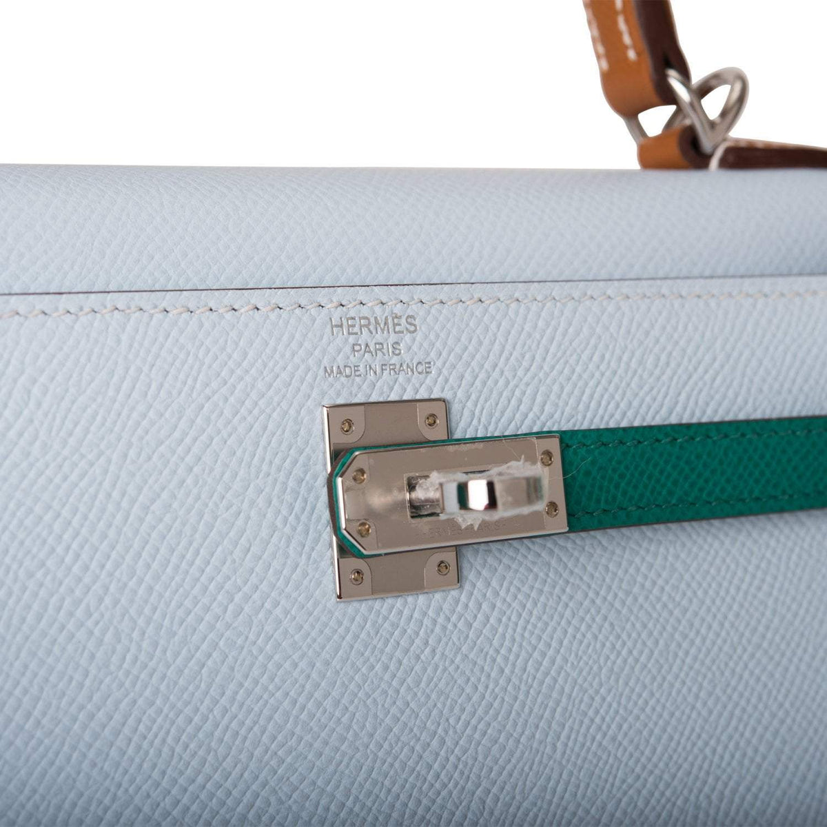Hermes Tri-Color Bleu Brume, Vert Jade and Gold Epsom Sellier Kelly 25cm Palladium Hardware