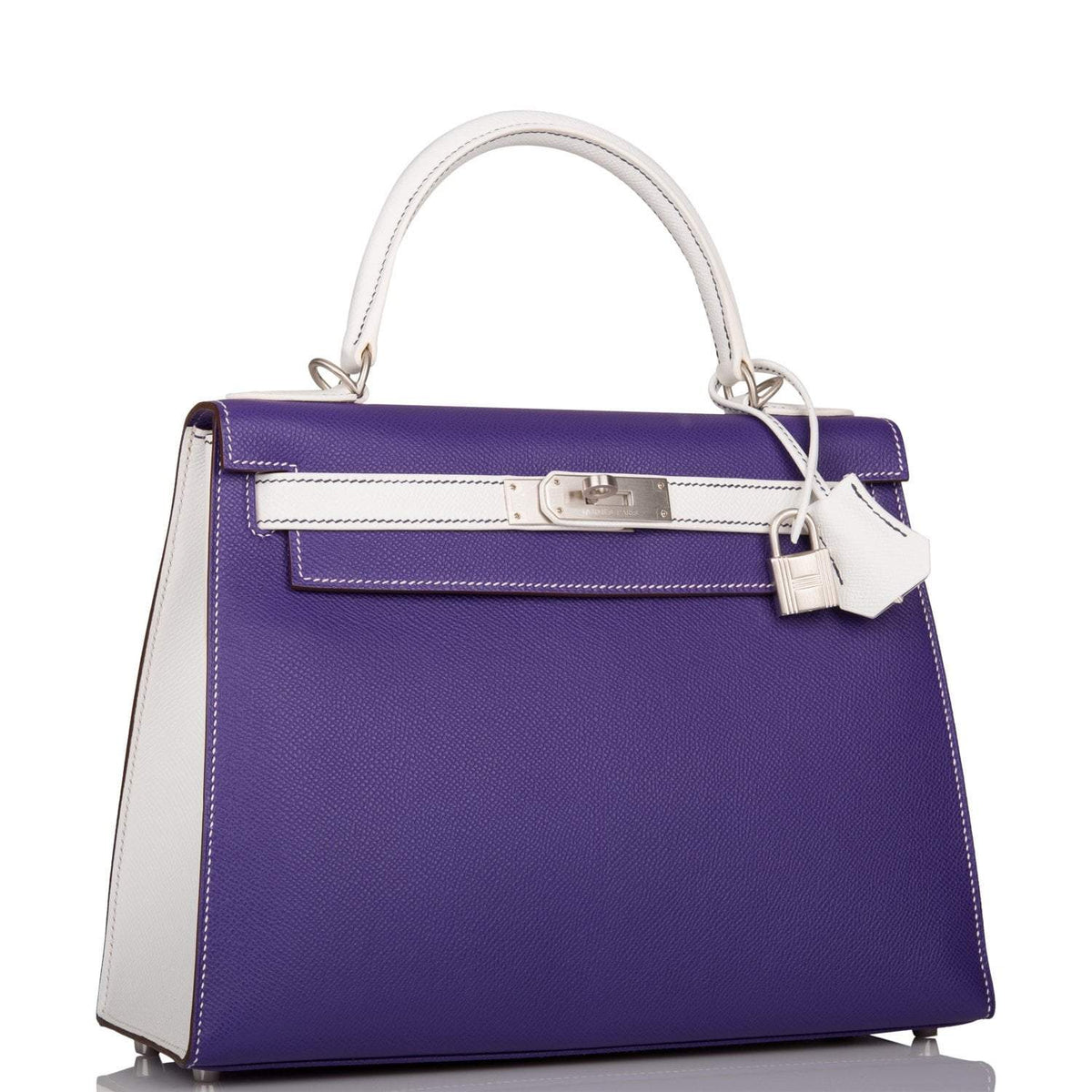 Hermes Kelly Sellier 28 Crocus and White Epsom Brushed Palladium Hardware